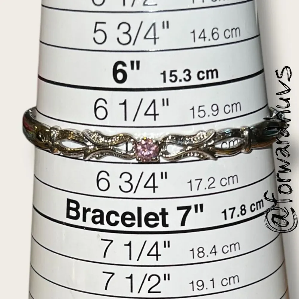 Silver-Plated Hinged Bracelet – Pink Cubic Zirconia - Ornate Center Pattern